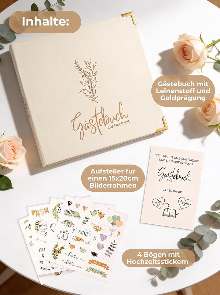 Gästebuch Hochzeit mit Fragen &amp; Blanko – Hochzeitsgästebuch beige Leinen | Hochzeitsgeschenk &amp; Erinn
