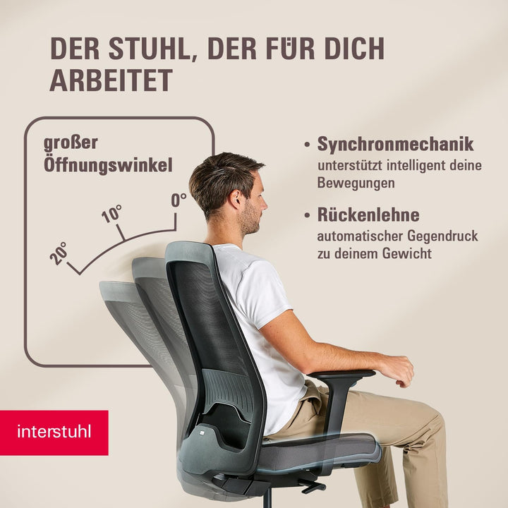 Interstuhl Style AIR + Ergonomischer Bürostuhl mit hoher Rückenlehne für grosse Menschen, Synchronme