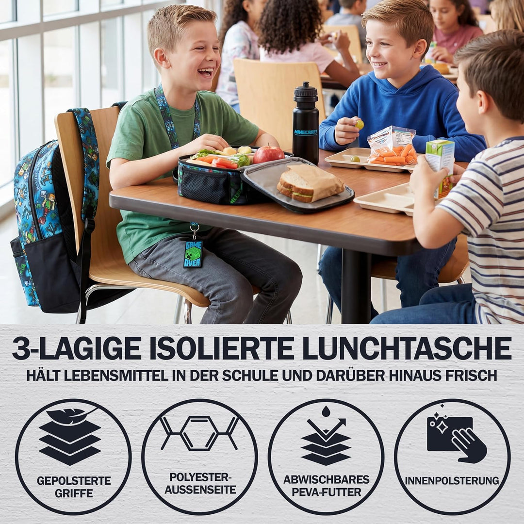 Get Trend Minecraft Rucksack Kinder 5er Set, Kinderrucksack mit Federmäppchen, Isolierte Lunchtasche