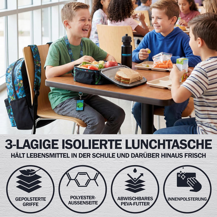 Get Trend Minecraft Rucksack Kinder 5er Set, Kinderrucksack mit Federmäppchen, Isolierte Lunchtasche