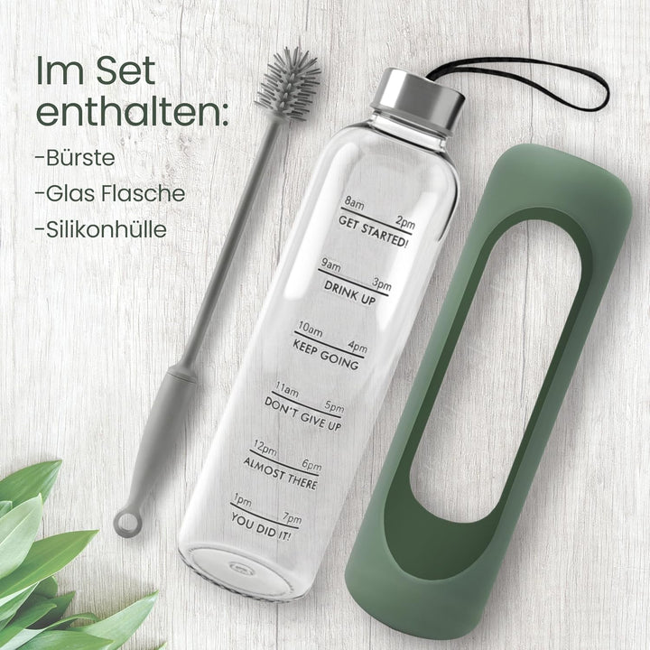 Trinkflasche Glas 1L – kohlensäuregeeignet – mit Bürste & Silikonhülle – Olivgrün