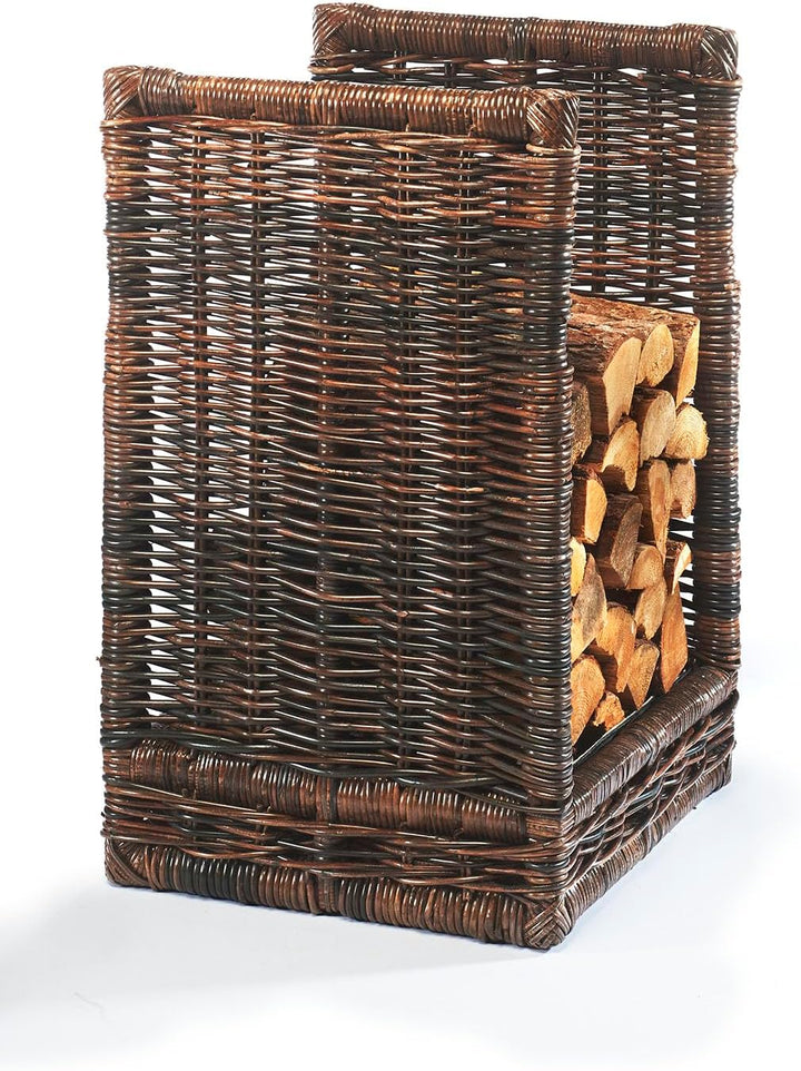 Kobolo Kaminholzablage Kaminholzregal - krabu Rattan - mit Leinenstoff - 48x44x74cm