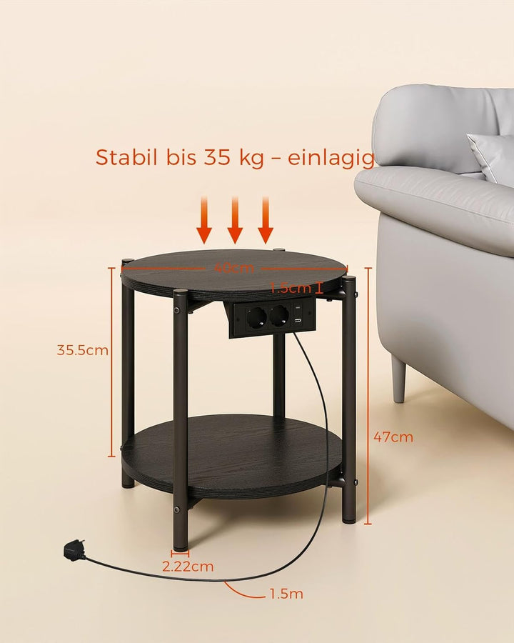 IRONCK Beistelltisch rund, Couchtisch mit Steckdose, Kleiner Tisch Holz, Wohnzimmertisch 2 Ablagen,S