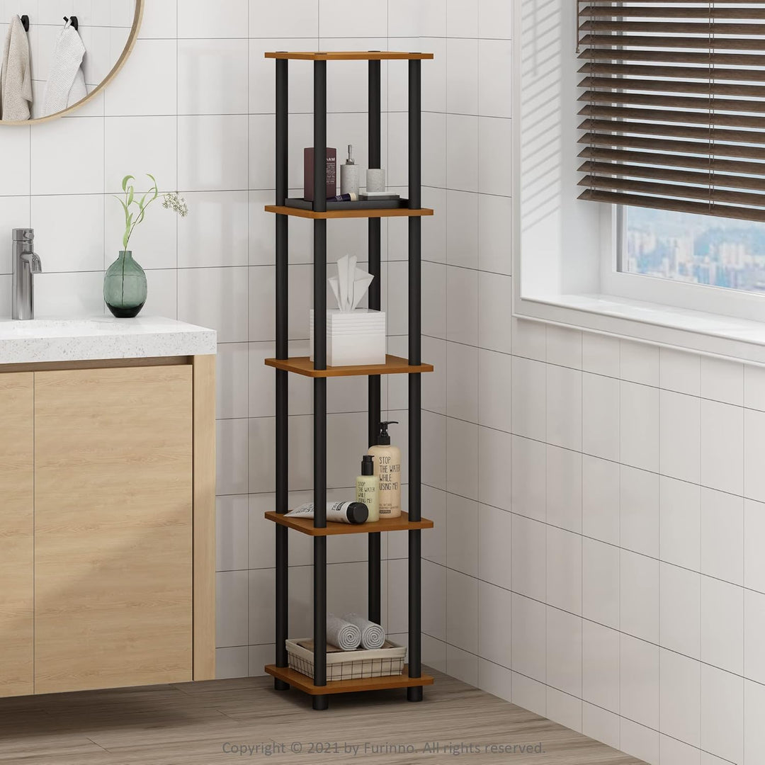 Furinno Viereckiges Regal mit 5 Ebenen, Kirsche hell/Schwarz, 29.46 x 29.46 x 146.56 cm Runde Rohre