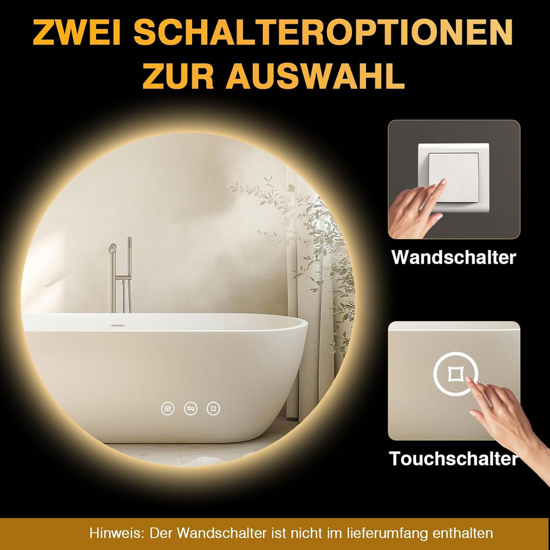 Runder Badezimmer Spiegel mit Beleuchtung, 60cm LED Bad Spiegel mit Licht, Antibeschlag, 3 Lichtfarb