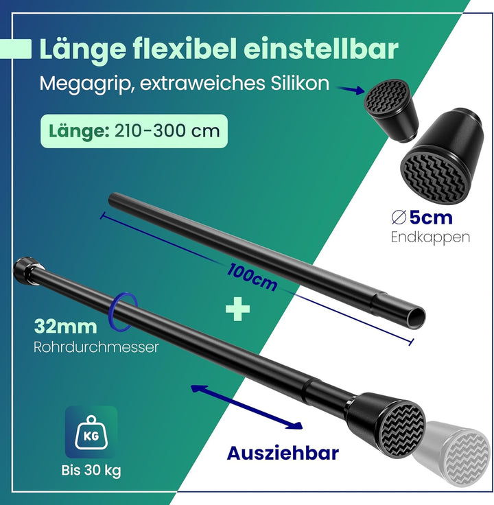LOBUX® - Gardinenstange ohne bohren [schwarz, 210-300cm] – Teleskopstange Vorhang ausziehbar – Dusch