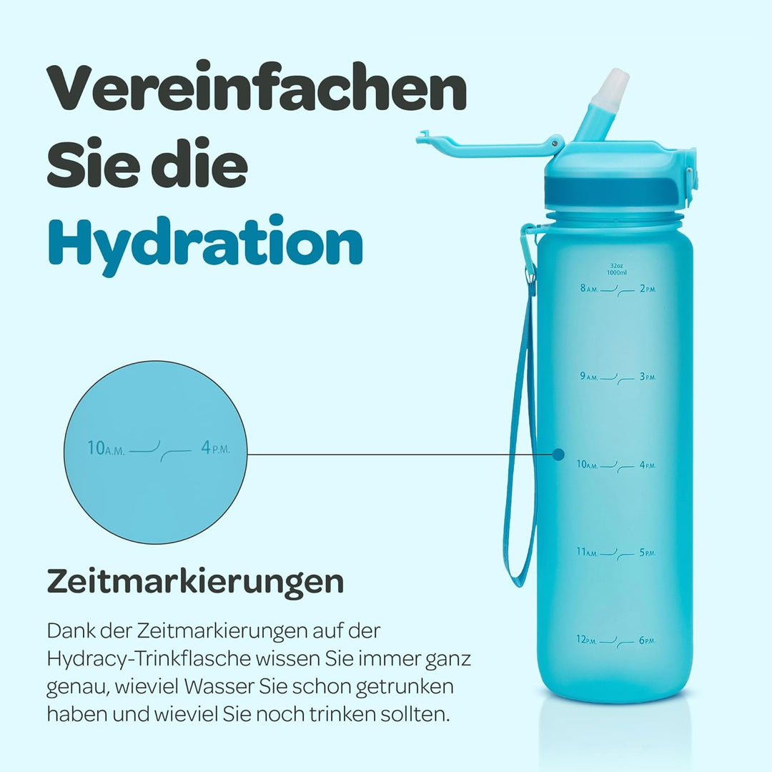 Hydracy Trinkflasche mit Strohhalm und Zeitmarkierung - 1L Wasserflasche - BPA-freie Trinkflasche -