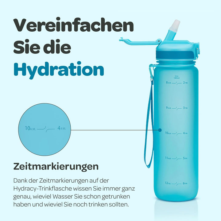 Hydracy Trinkflasche mit Strohhalm und Zeitmarkierung - 1L Wasserflasche - BPA-freie Trinkflasche -