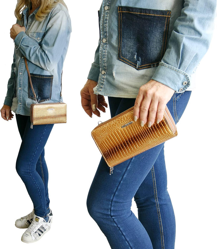 Jennifer Jones - Echt Leder Handtasche mit Handyfach - 2in1 Handytasche & Geldbörse mit RFID-Schutz