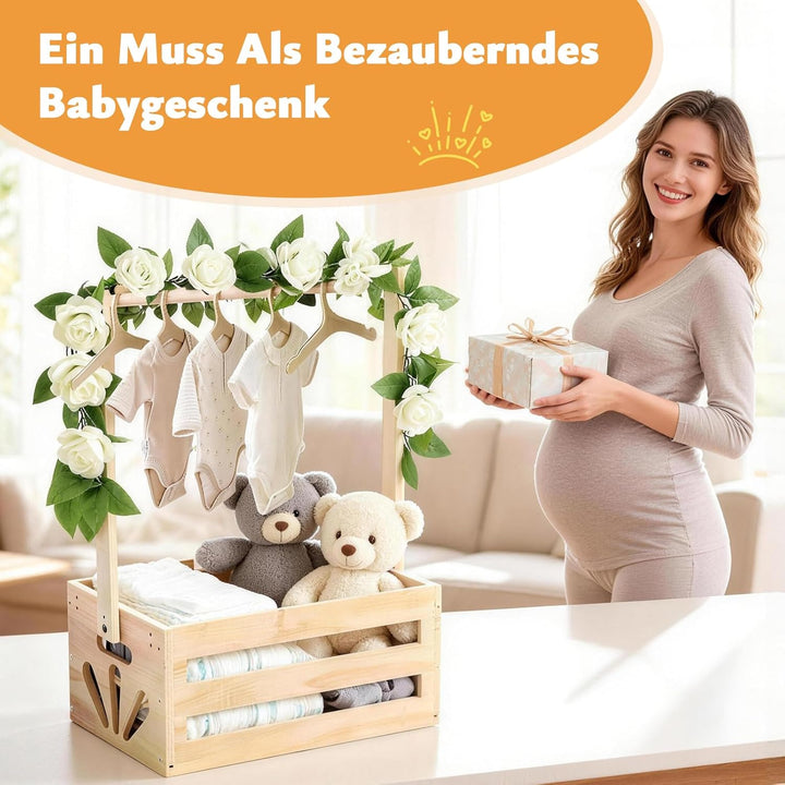 Babyparty Geschenk mit Holz | Praktischer Baby Aufbewahrungskorb mit 6 Holzhaken &amp; Kunstblumengirlan