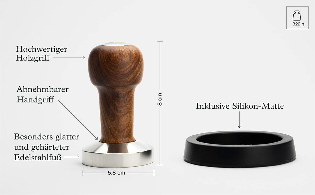Tamper Set (58 mm) – Edler Barista Espresso-Stempel aus Edelstahl und formfeiner Rosenholzgriff inkl