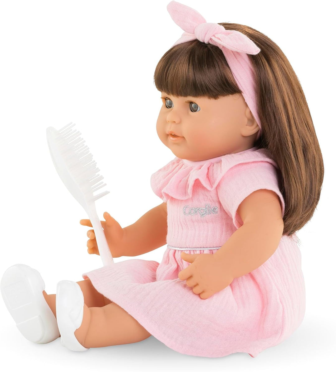 Corolle Mon Grand Poupon Julie, 36cm Weichkörperpuppe mit langem braunen Haar, inkl. Bürste, Schlafa