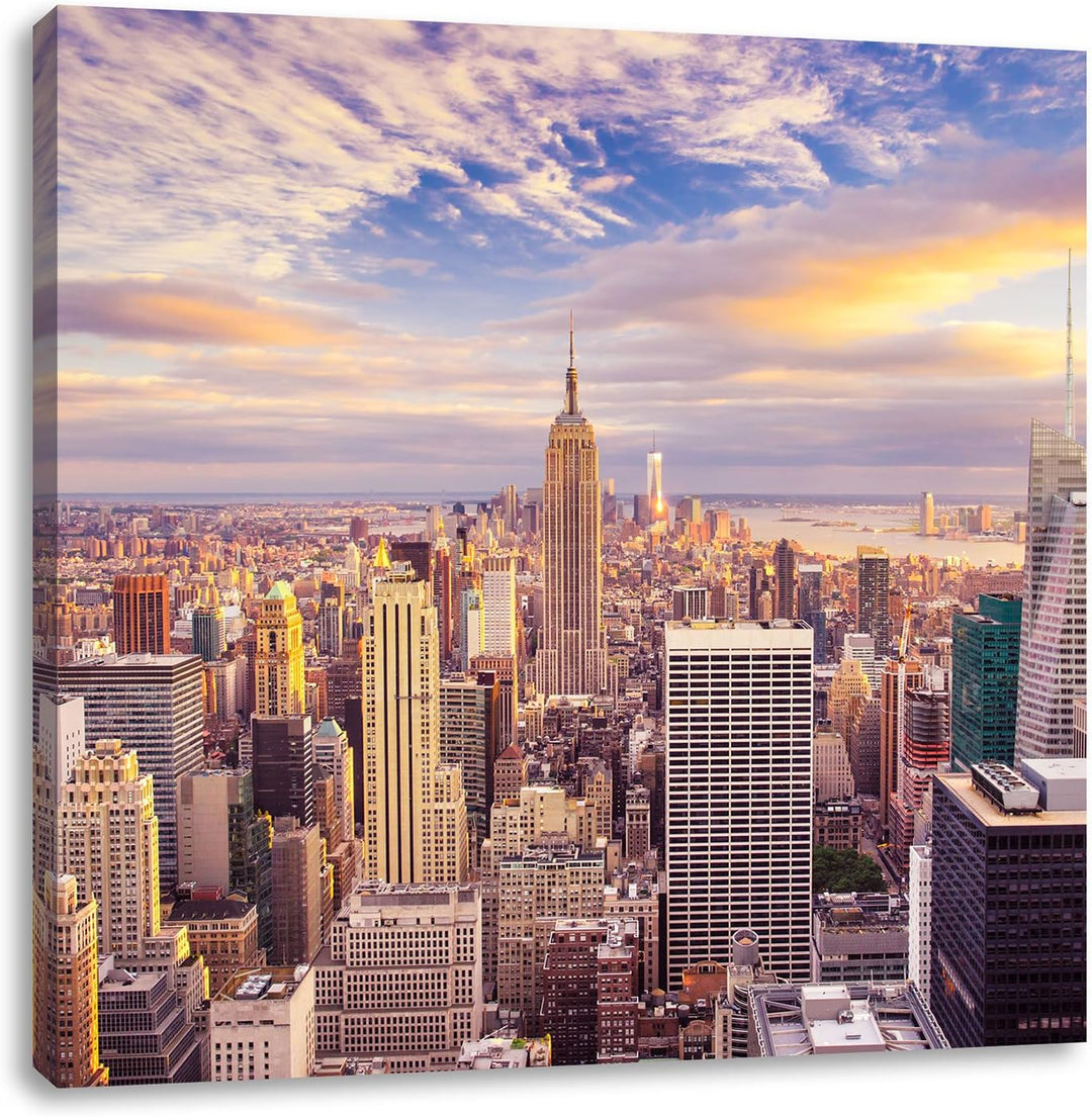 Pixxprint Skyline von New York bei Sonnenuntergang, Format: 70x70 auf Leinwand, 70x70