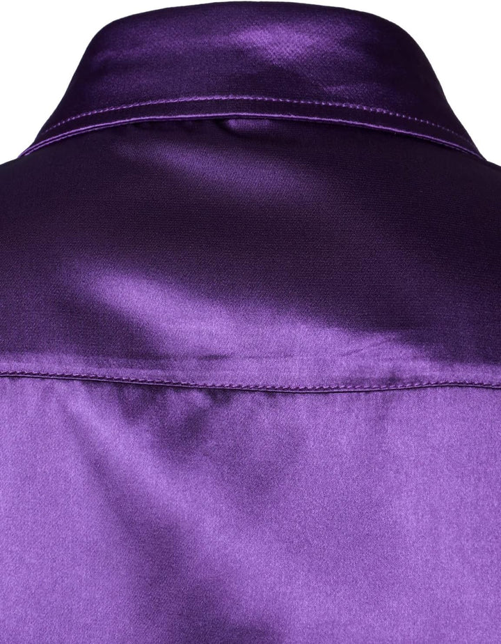 Herren Glänzend Slim Fit Satin Langarmhemd Frezeit Business Hemd für Party Nachtclub, Dunkelviolett