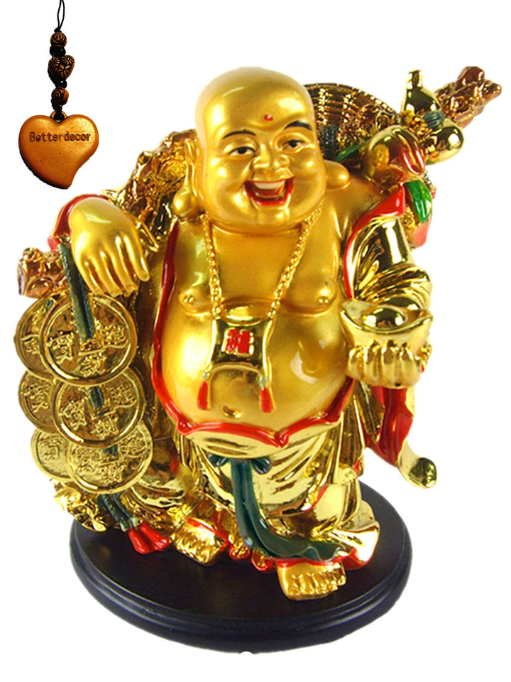 Betterdecor- A Golden Happy Buddha (Laughing Buddha) with a Ingot and Money for Feng Shui or Gifts