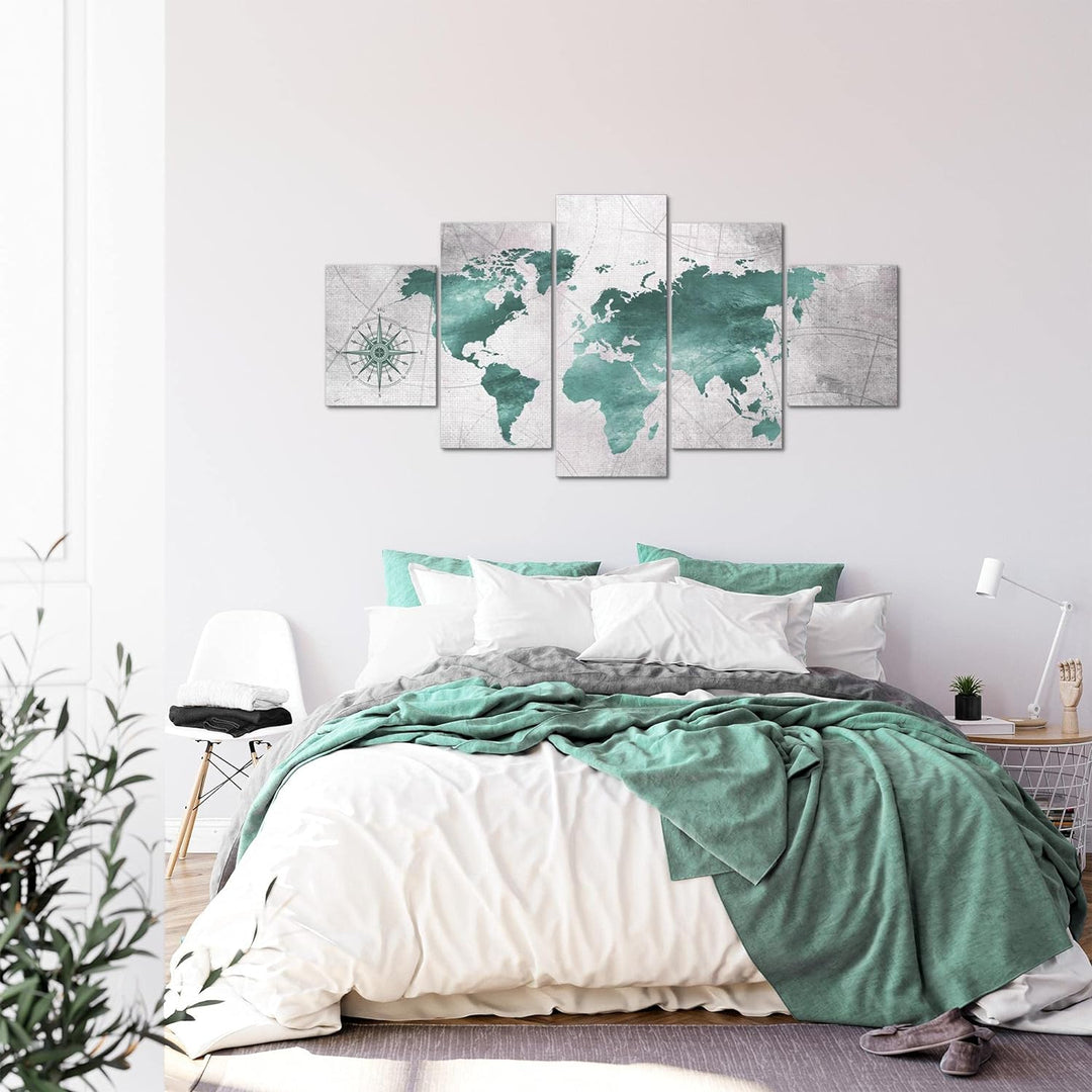 Runa Art - Bilder Weltkarte 200 x 100 cm 5 Teilig XXL Wanddekoration Design Grün Grau 026051c 200 x