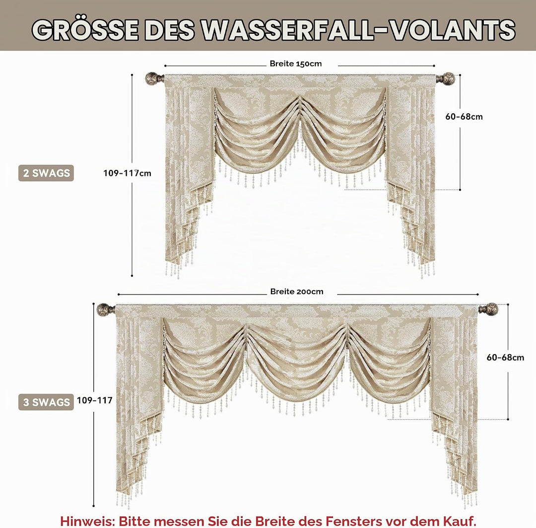 TOPLUXE Swag Volant Vorhang für Schlafzimmer Esszimmer Wohnzimmer Küche, Damast Kurzstore Waterfall