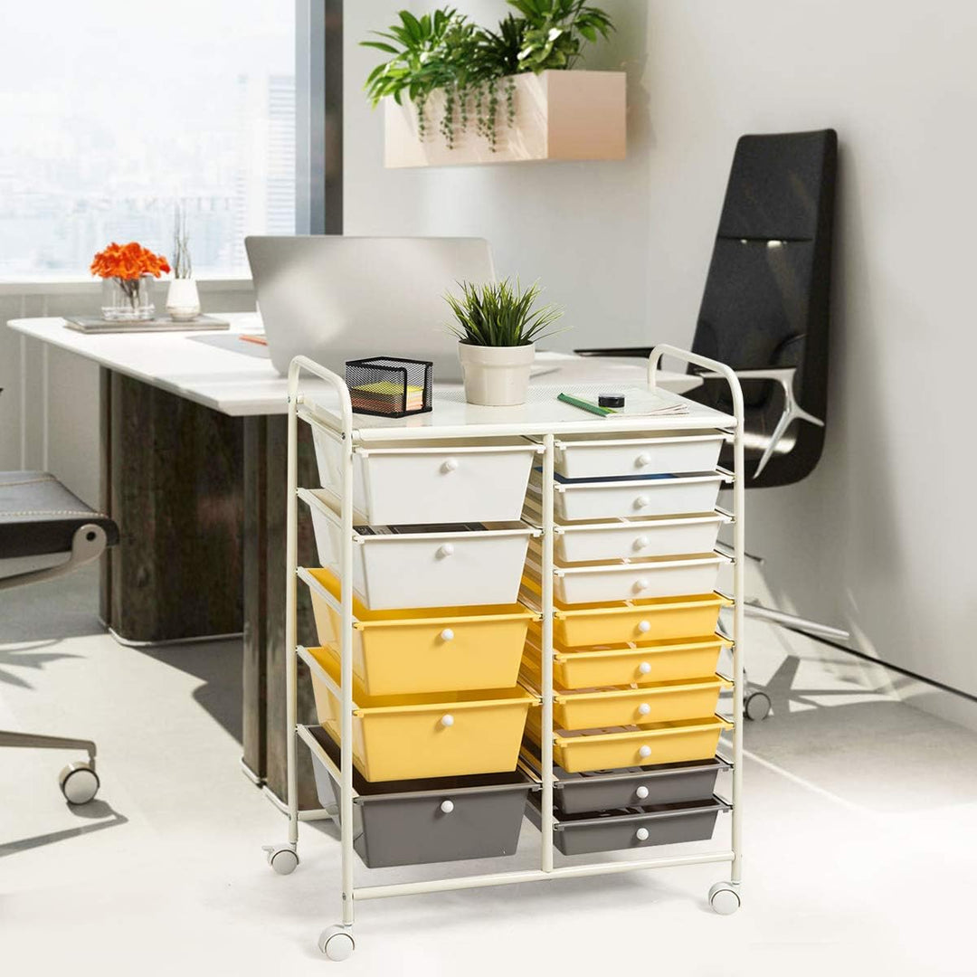 COSTWAY Rollwagen mit 15 stapelbaren Schubladen, Schubladenwagen Rollcontainer mit Metallgestell und