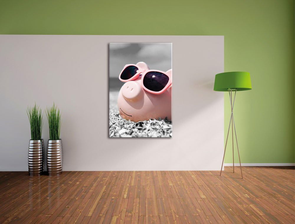 Pixxprint Cooles Sparschwein mit Sonnenbrille am Strand schwarz/weiss, Format: 70x100 auf hochkantig