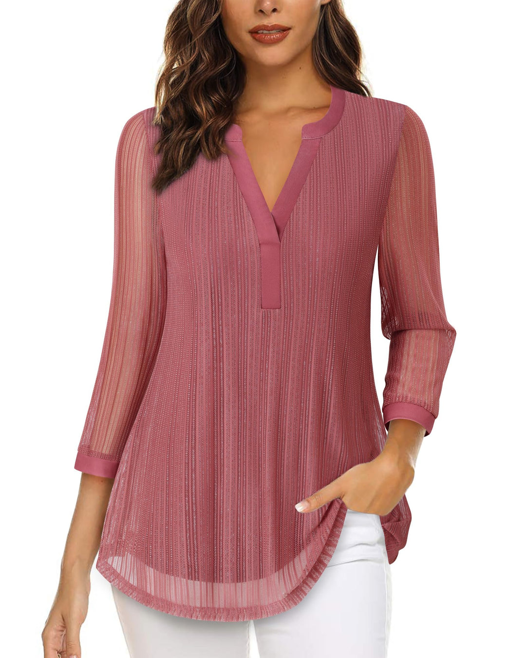 Vafoly Damen 3/4 Ärmel Oberteil Henley V-Ausschnitt Hemden doppellagig Mesh Bluse Tuniken XL Rosa, X