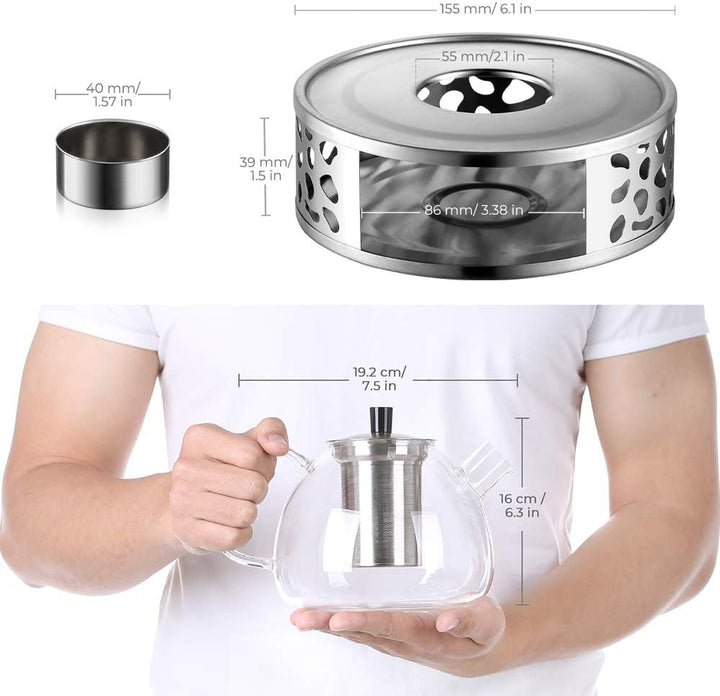 Ecooe 1.5L Teekanne mit Stövchen, Teekanne Glas und Teewärmer Edelstahl Silber 1500 ml, Silber 1500