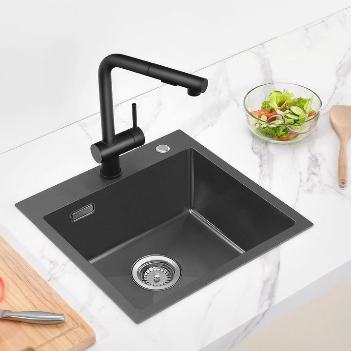 Auralum Edelstahl Spülbecken 50 cm x 45 cm mit Siphon, Anthrazit Schwarz | 1 Becken Spüle, Vorgebohr