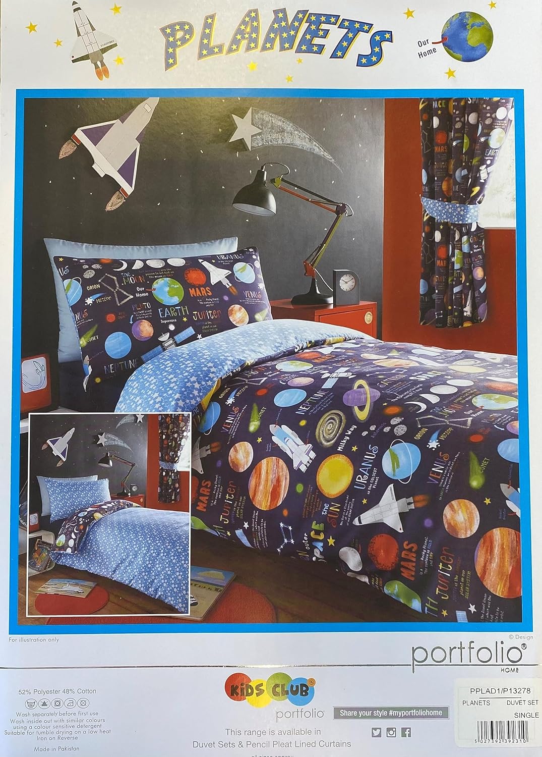 Kidz Club Bettbezug für Einzelbett und EIN Kissenbezug, Planetenmotiv, Schwarz, PPLAD1, Dunkelblau,