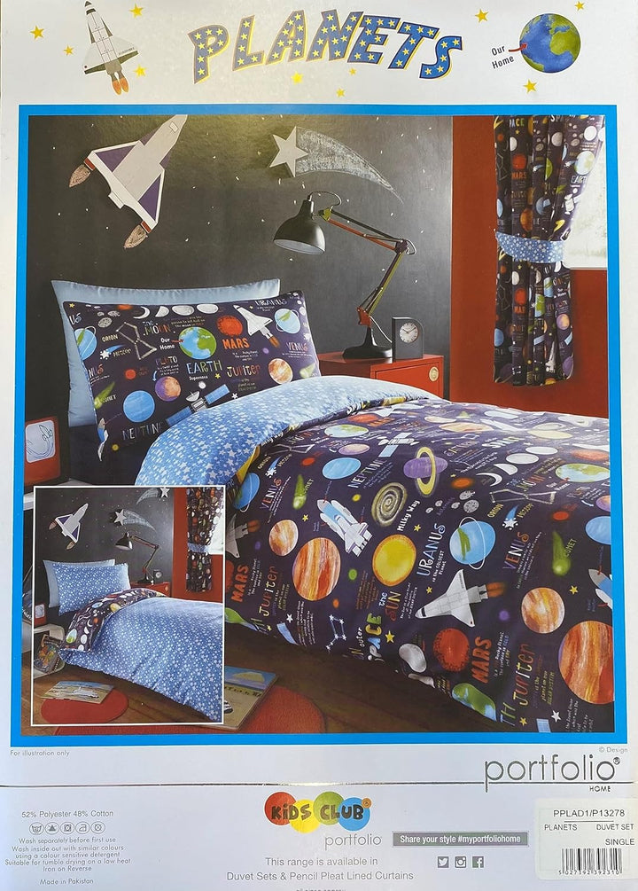 Kidz Club Bettbezug für Einzelbett und EIN Kissenbezug, Planetenmotiv, Schwarz, PPLAD1, Dunkelblau,