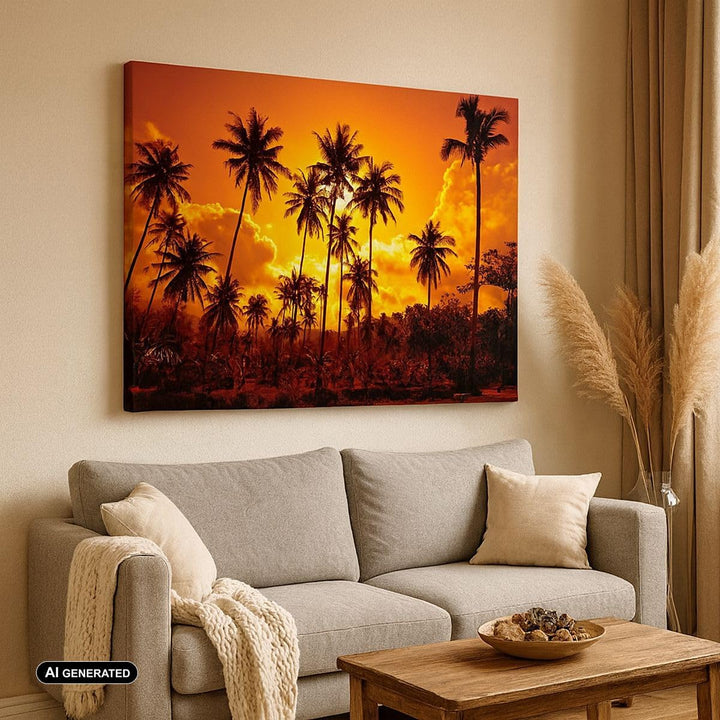 Bilder auf Leinwand 100x70cm Leinwandbild mit Rahmen Palmen Bäume Sonne Gross Wanddeko Bild Schlafzi