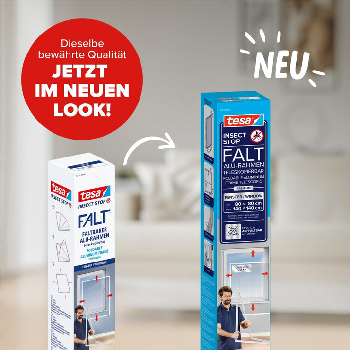tesa Insect Stop FALT Fenster - Faltbarer Alu-Rahmen - Fliegengitter mit verstellbarem Teleskoprahme