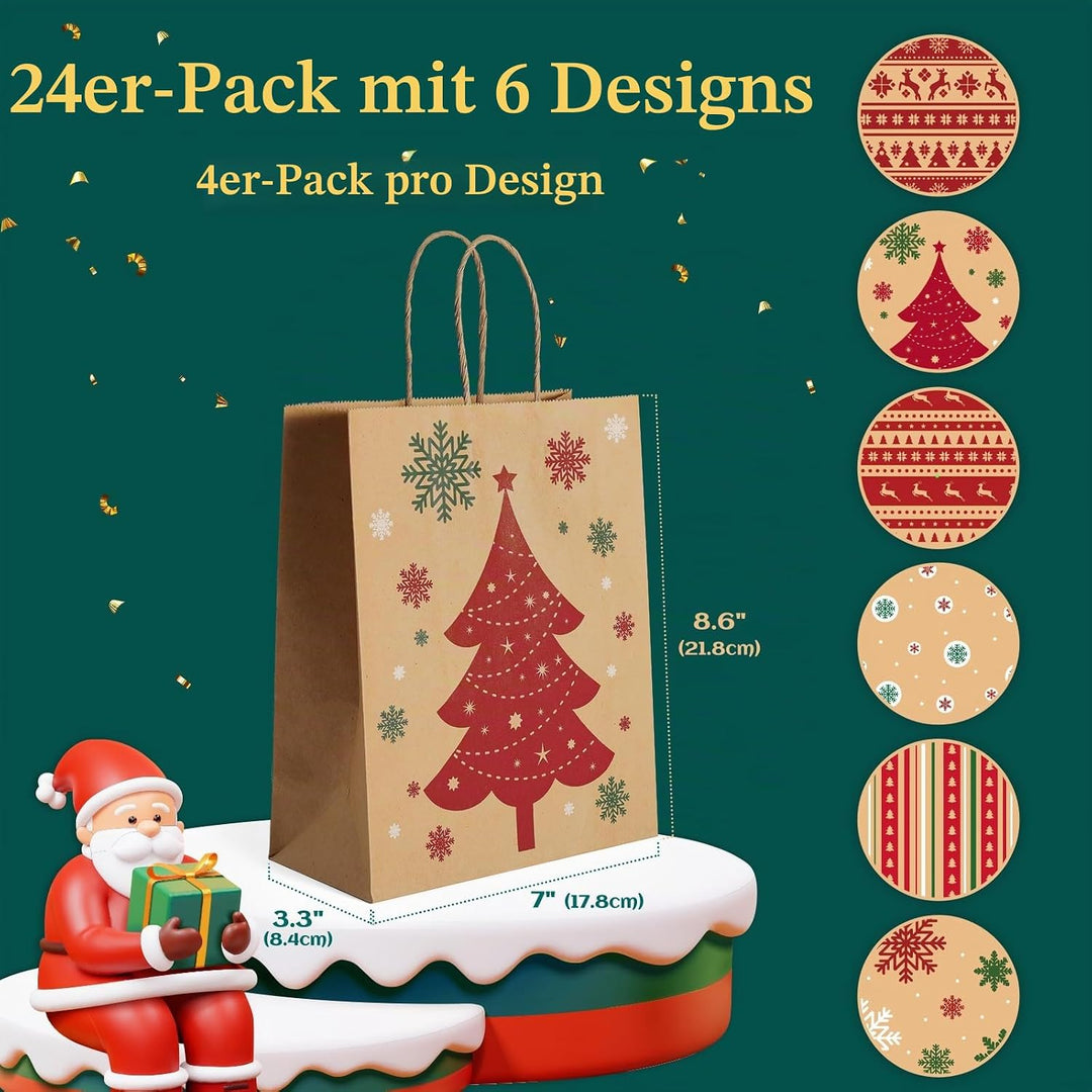 Switory 24 Stück Weihnachten Geschenktüten, 6 Stil Weihnachten kleine Papiertüten mit Griffen für We