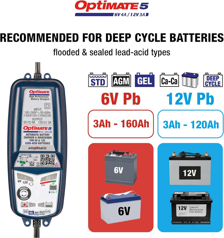 OptiMate 5 Select, TM320, 8-stufiges gekapseltes batterieschonendes 6V 4A / 12V 3A Lade- & Wartungsg