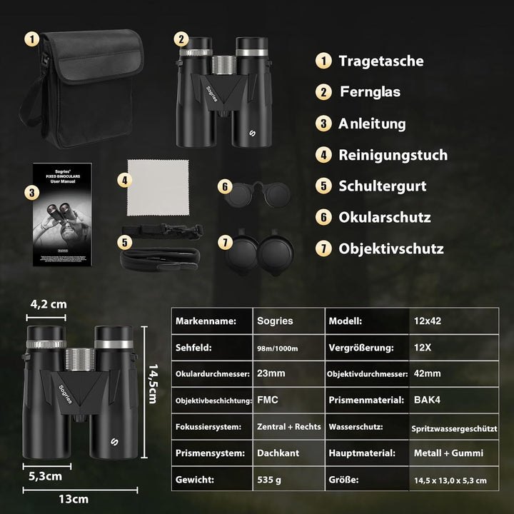 12x42 HD Fernglas für Erwachsene mit Telefonadapter, Stativ & Stativadapter - BAK4 Prisma, FMC-Objek