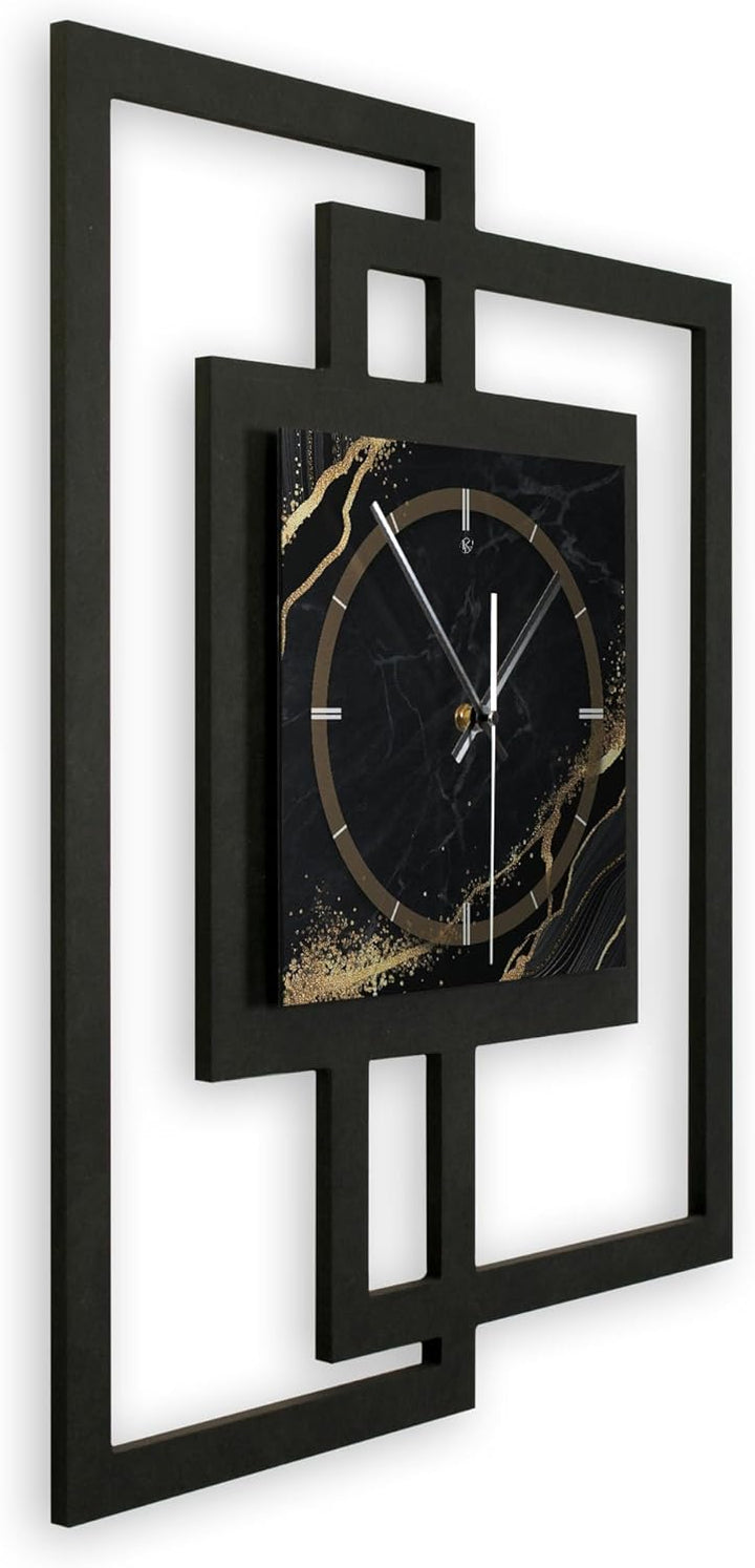Kreative Feder Designer-WANDUHR „Black &amp; Gold Waves“ in modernem Metallic-Look ohne Tickgeräusche (F