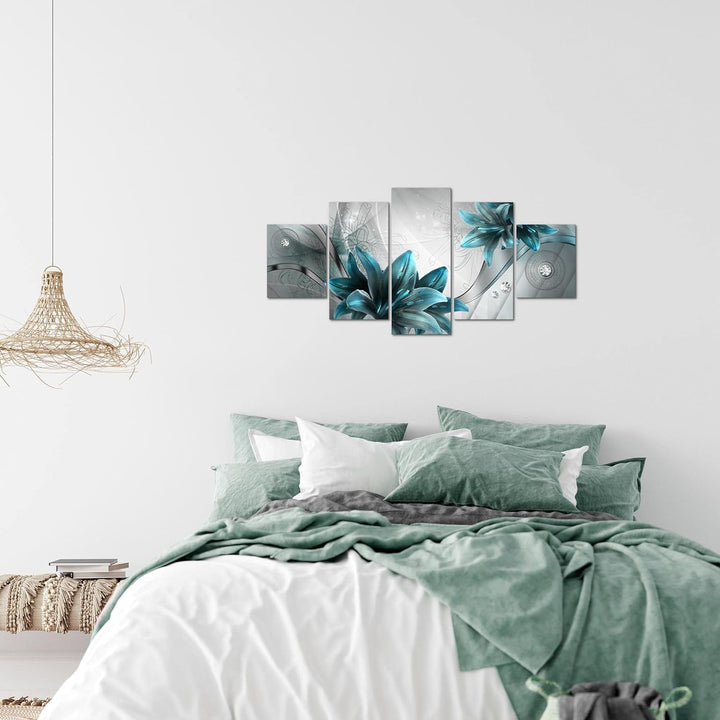 Runa Art Wandbilder Blumen Lilien 5 Teilig Bild auf Vlies Leinwand Deko Wohnzimmer Abstrakt Grau Bla
