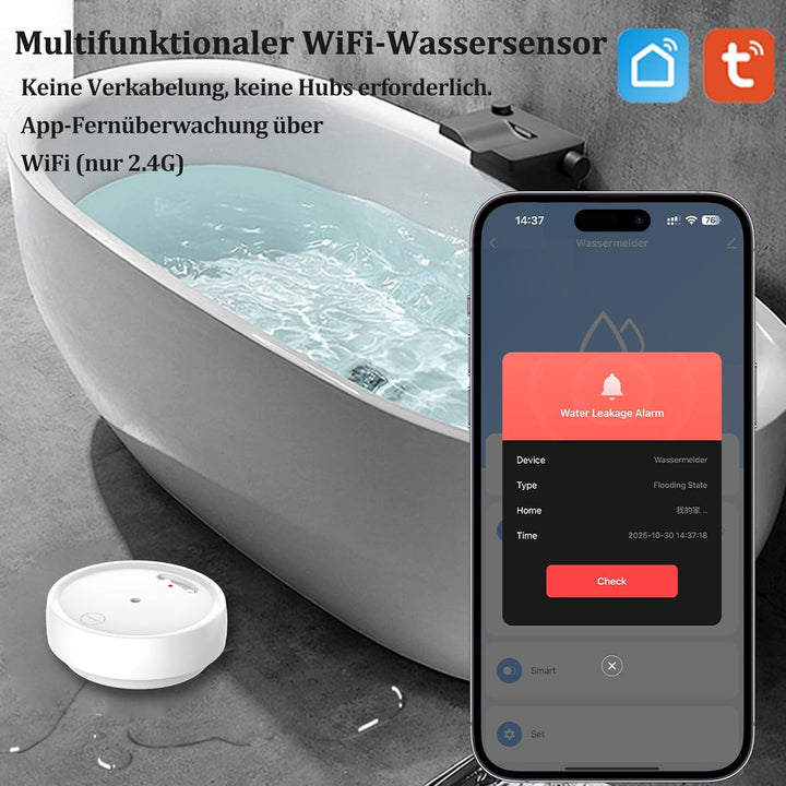 3Pack Wassermelder WLAN mit Batterie, IP66 Wassersensor, 80dB Wasseralarm Kompatibel mit Tuya/Smart
