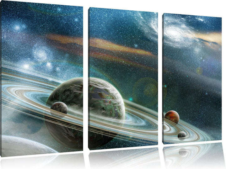 Pixxprint Planet mit Ringsystem / 3-Teilig/Gesamtmass 120cm Leinwandbild bespannt auf Holzrahmen/Wan