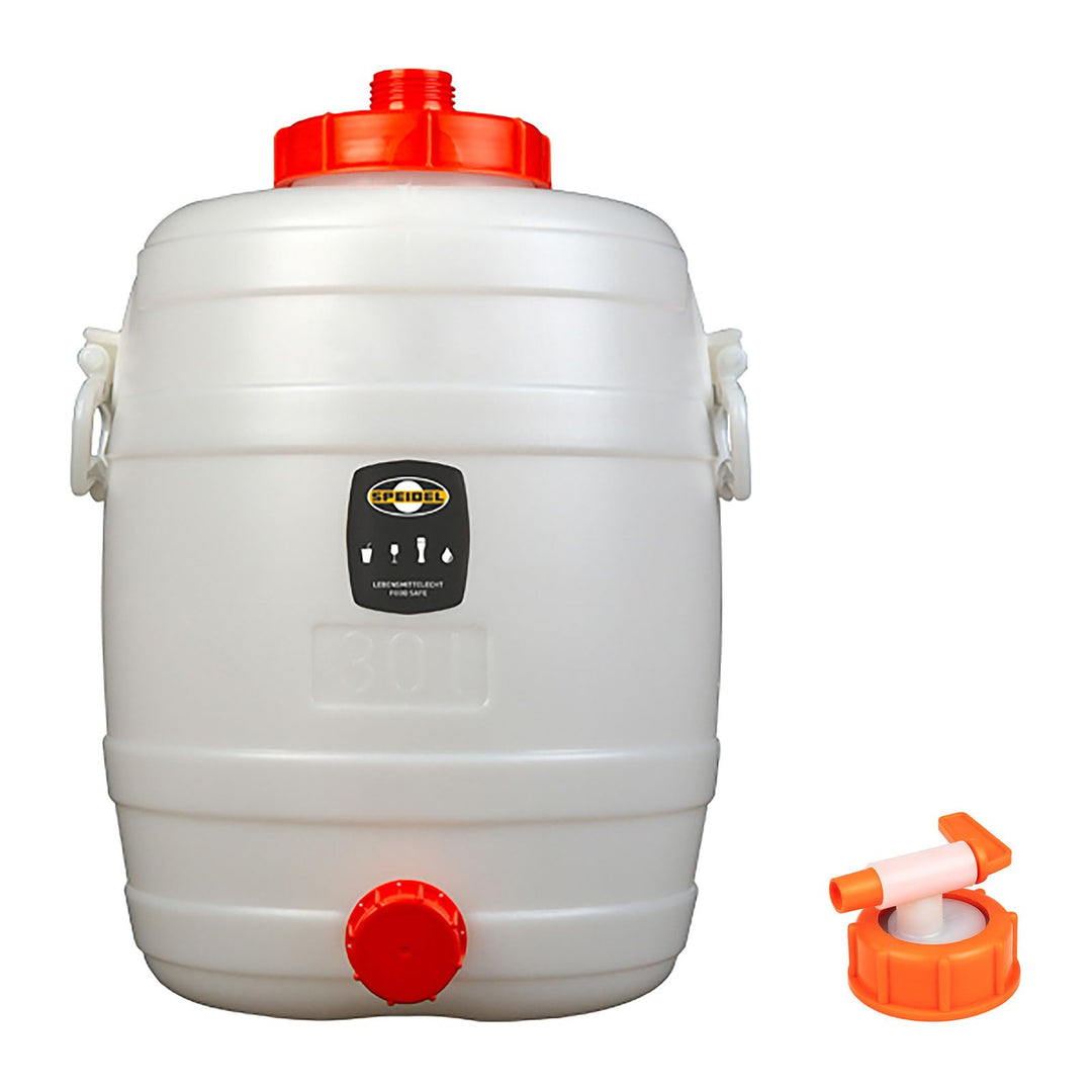 Mostfass 30 Liter mit Auslaufhahn NW10, Gärfass PE (30 L rund) für Most, Wein, Cider, Säfte, Glühwei