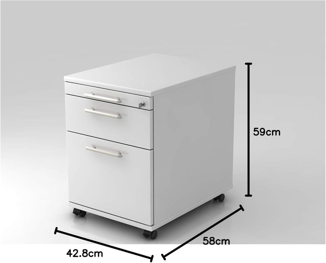 Bümö® Rollcontainer mit 2 Schüben & Schloss | Bürocontainer aus Holz | Tischcontainer mit Hängeregis