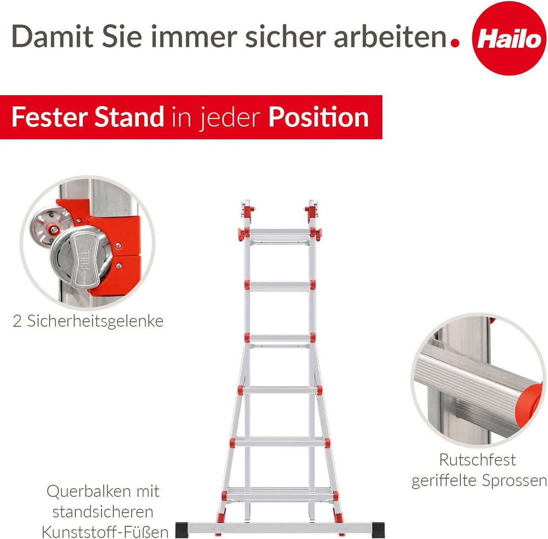 Hailo M80 Alu-Multifunktionsleiter - Mehrzweckleiter mit 4 x 6 Sprossen - variierbar durch 2 Sicherh