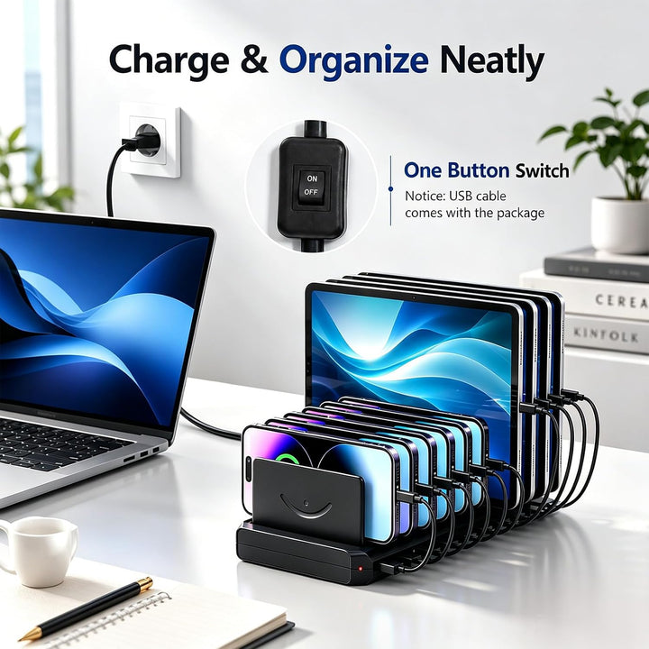 USB Ladestation 100W,10-Port Handy Ladestation Mehrfach mit verstellbarem abnehmbarem Trenner, 5V/2.