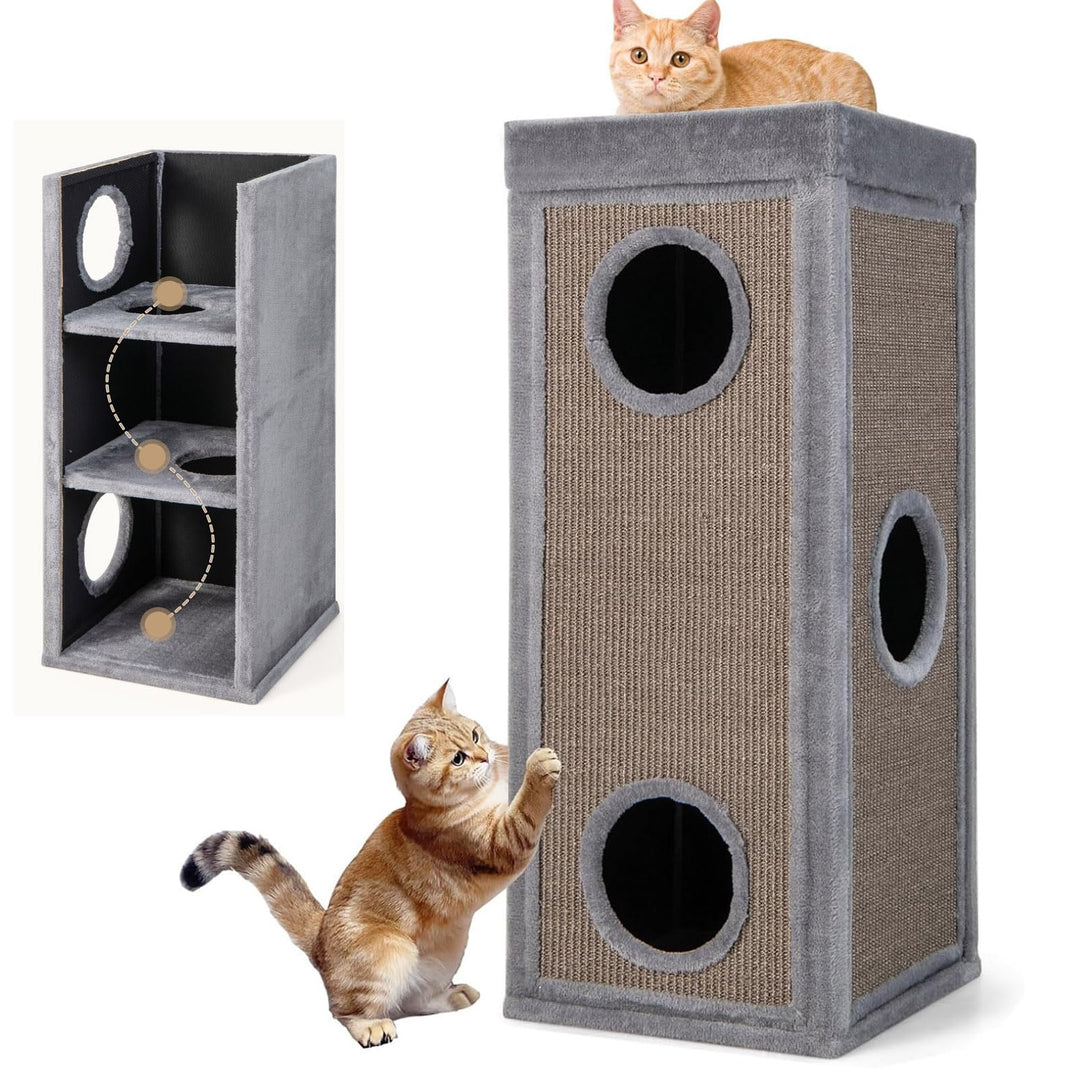 GYMAX Kratztonne 40 x 40 x 99 cm, 4-stöckige Katzentonne mit 3 Höhlen, abnehmbare Plüschkissen &amp; 2 K