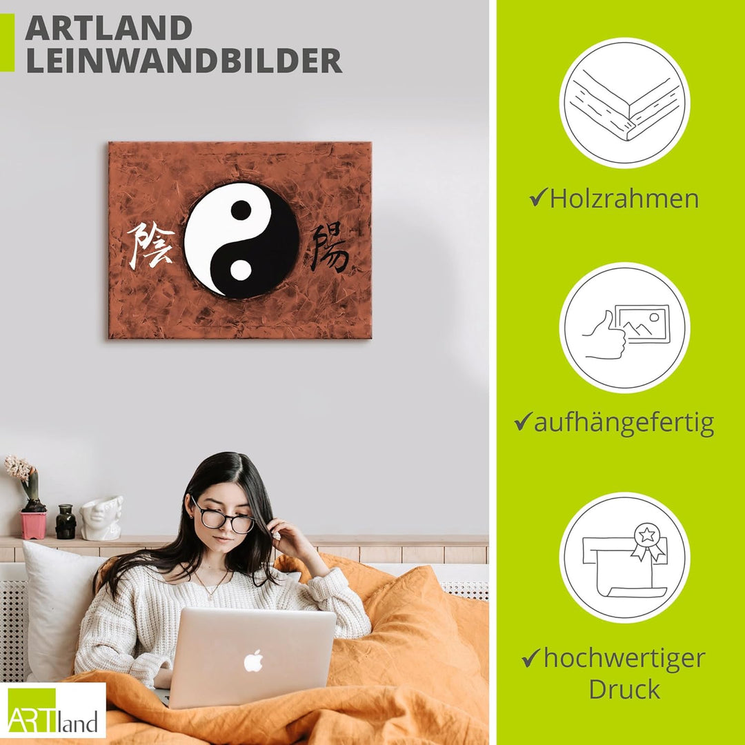 ARTLAND Wanddeko Leinwand Bilder Wandbild A. S. Ying & Yang_braun Statement Bilder Zeichen Malerei B