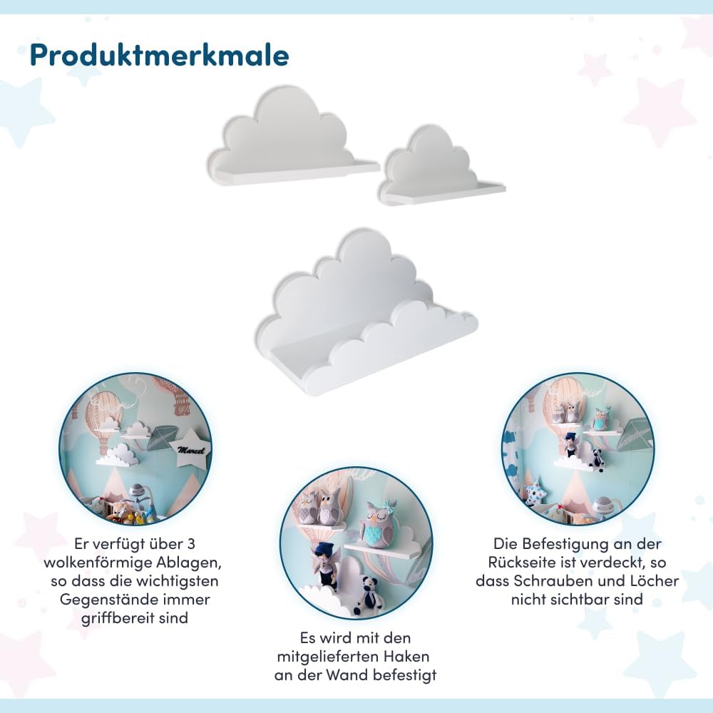 3er Set Wandregal Kinderzimmer Weiss | Babyzimmer Wolkenregal für Bücher, Spielzeug, Dekoration | Re