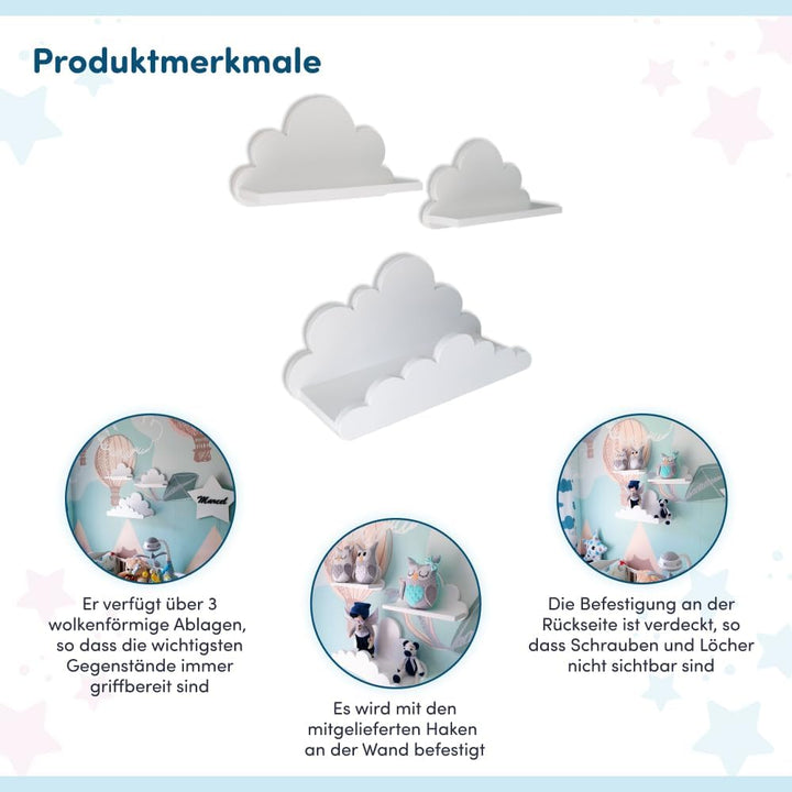 3er Set Wandregal Kinderzimmer Weiss | Babyzimmer Wolkenregal für Bücher, Spielzeug, Dekoration | Re