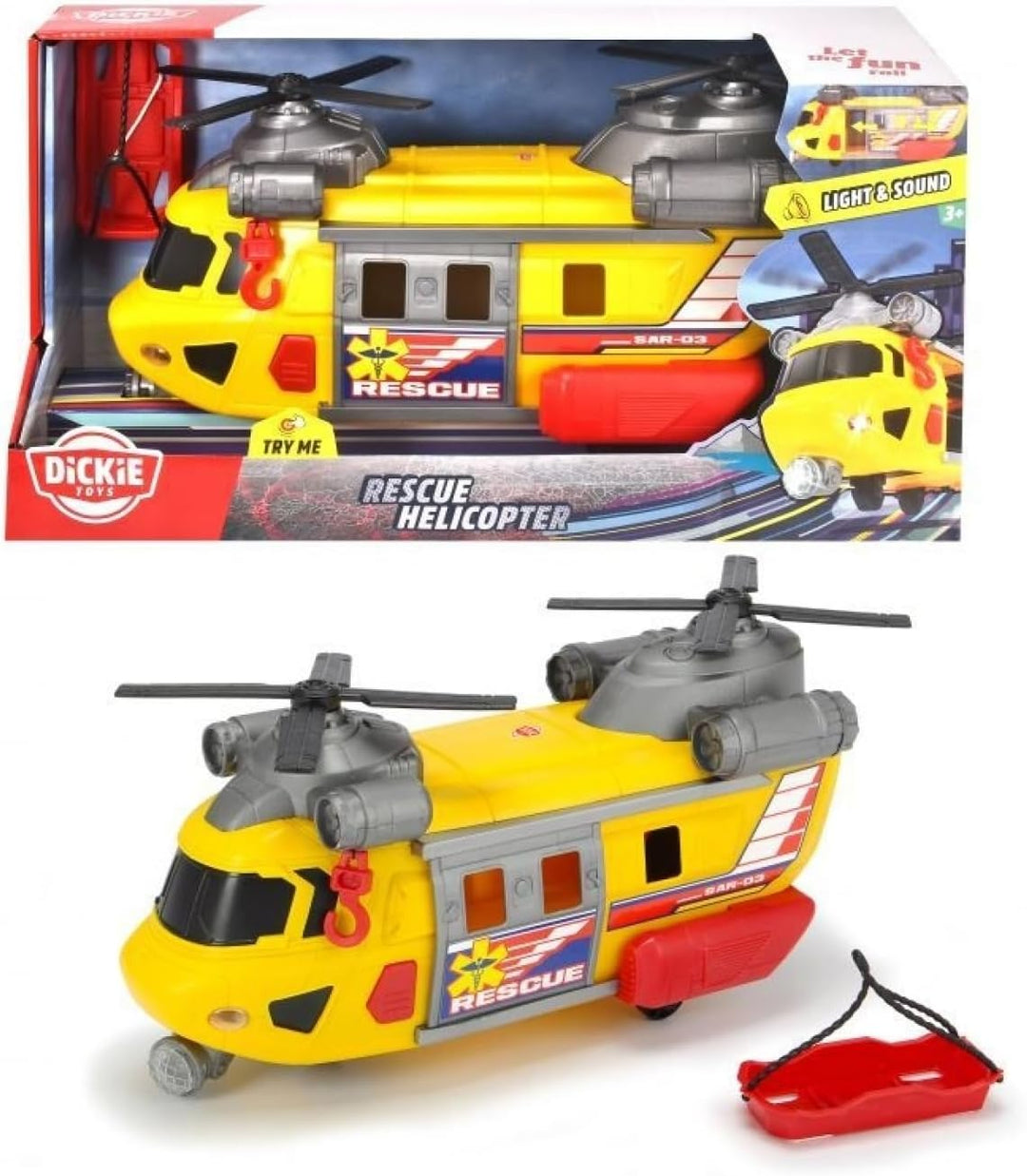 Dickie Toys Rettungshelikopter mit drehbarem Frontlicht & Sound, Helikopter mit Aufzieh-Seilwinde in