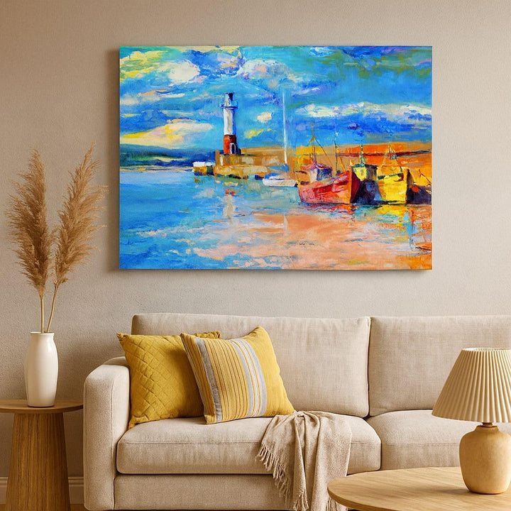 Bilder auf Leinwand 100x70cm Leinwandbild mit Rahmen Leuchtturm Meer Gross Wanddeko Bild Schlafzimme