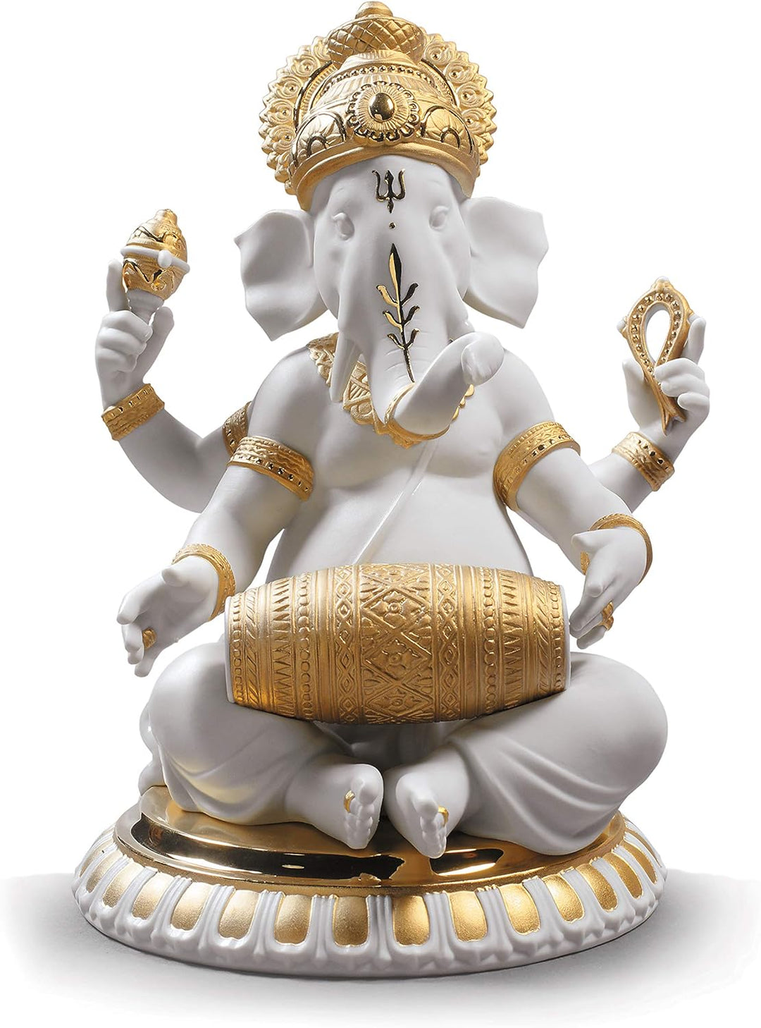 LLADRÓ Figur Ganesha Mit Mridangam. Gold. Ganesha. Porzellan.