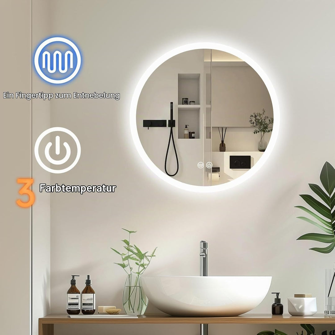 Trintion Spiegel mit Beleuchtung, 50cm Rund LED Spiegel mit Touch-Schalter, Dimmbar, 3 Lichtfarbe Ei