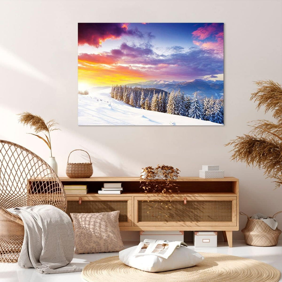 Bilder auf Leinwand 100x70cm Leinwandbild mit Rahmen Berge Schnee Winter Gross Wanddeko Bild Schlafz
